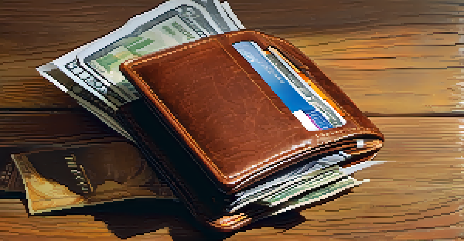 An open leather wallet on a wooden table, filled with cash and credit cards.