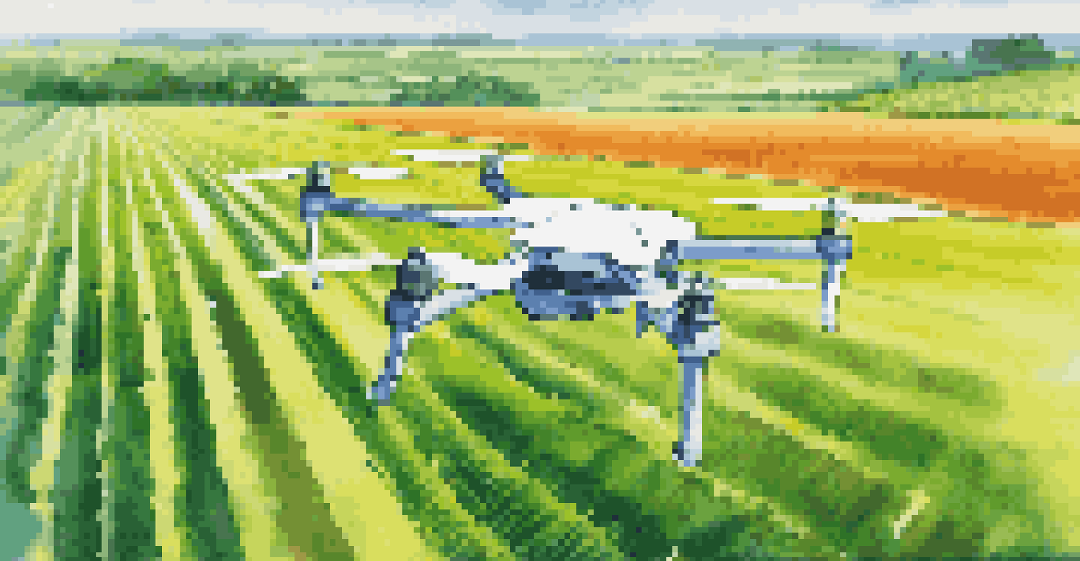 A close-up of a drone monitoring a green agricultural field with sensors, under a blue sky with clouds.