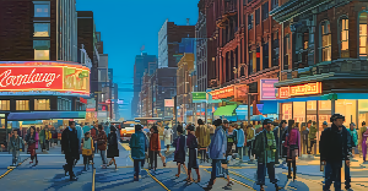 A lively city street at night filled with neon lights, cars, and pedestrians.