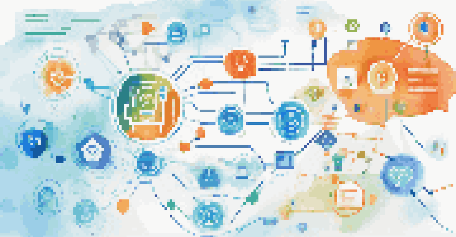 An infographic illustrating the integration of a chatbot with marketing tools like CRM and email marketing, featuring vibrant colors and interconnected icons.