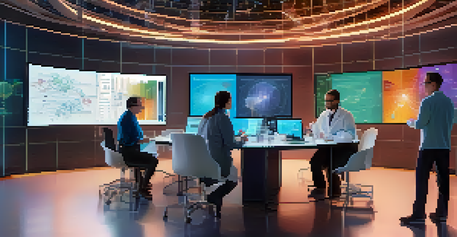 A group of scientists collaborating on quantum computing research, surrounded by holographic data displays.