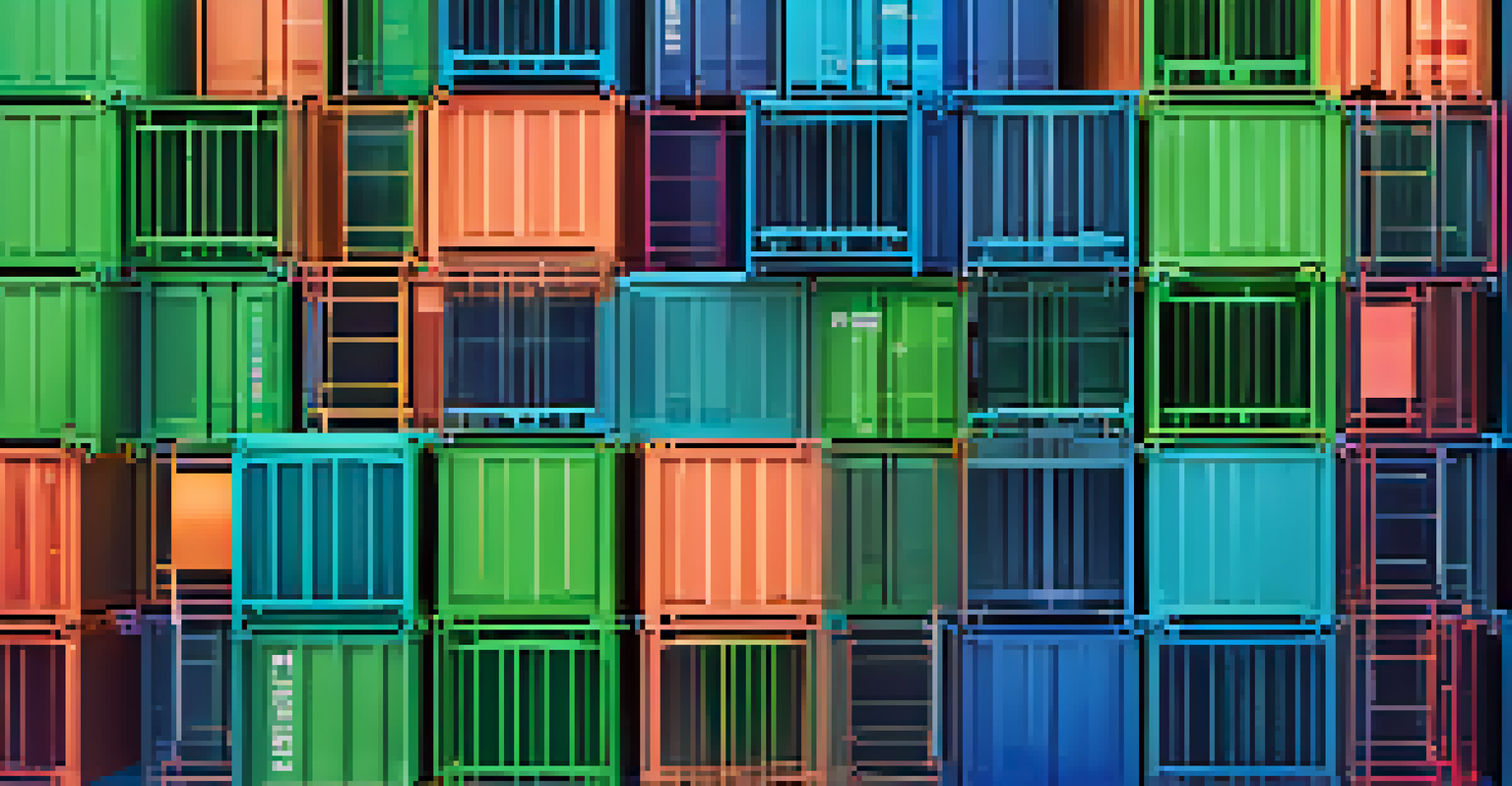 An abstract image representing containerization with colorful geometric shapes interconnected in a network, set against a blue to green gradient background.