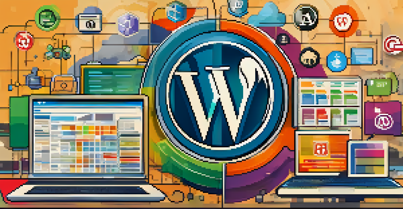 An illustration featuring various CMS platforms represented by icons and a digital shield symbolizing online security.