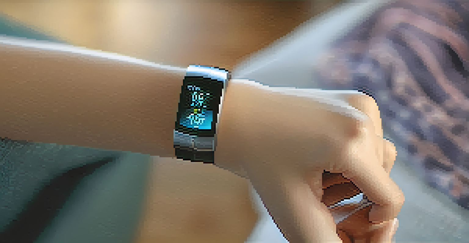 A close-up of a smartwatch displaying health metrics in a cozy living room setting.