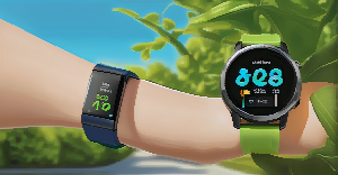 A close-up of a smartwatch showing fitness metrics in a sunny outdoor environment.