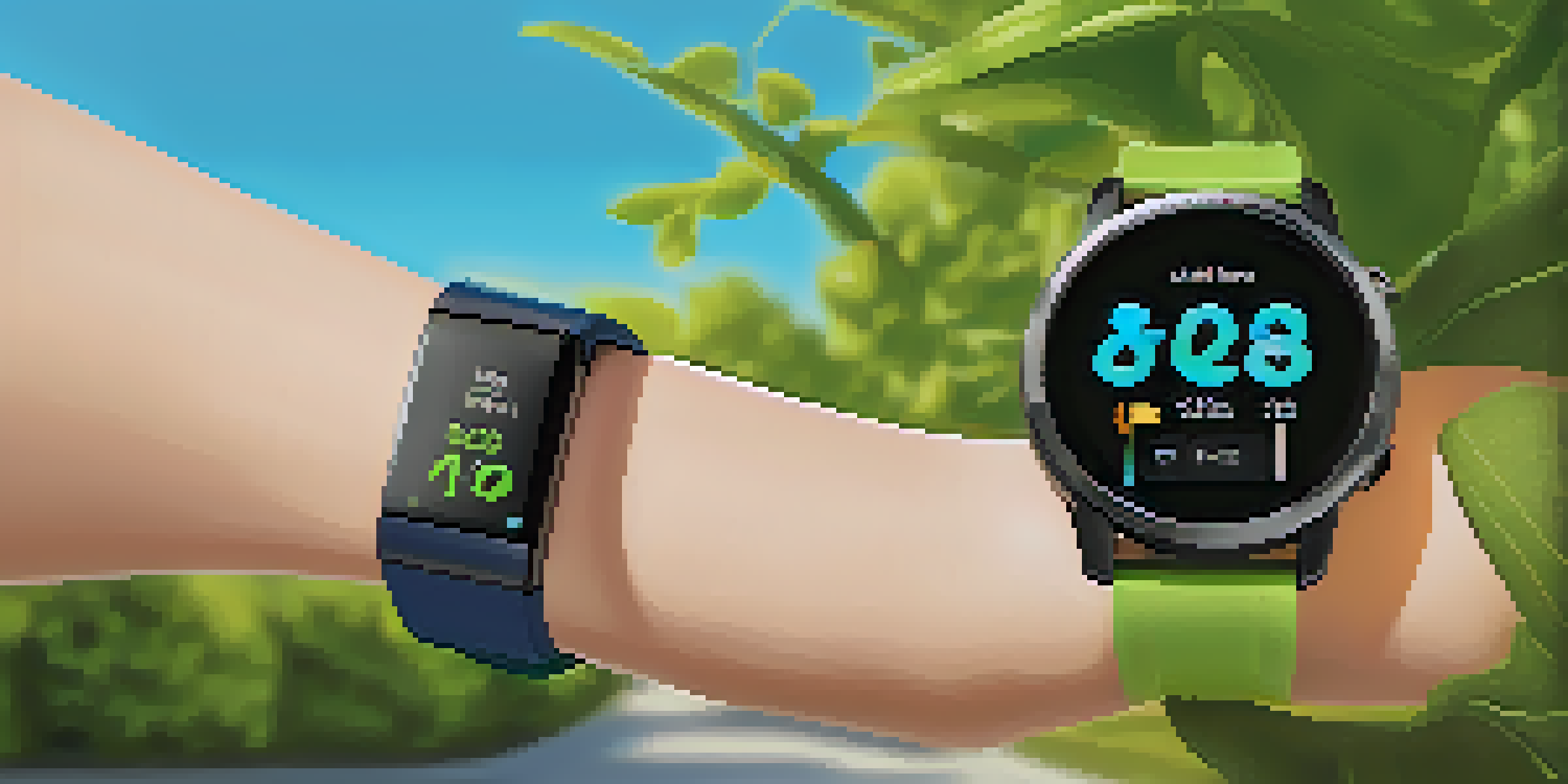A close-up of a smartwatch showing fitness metrics in a sunny outdoor environment.