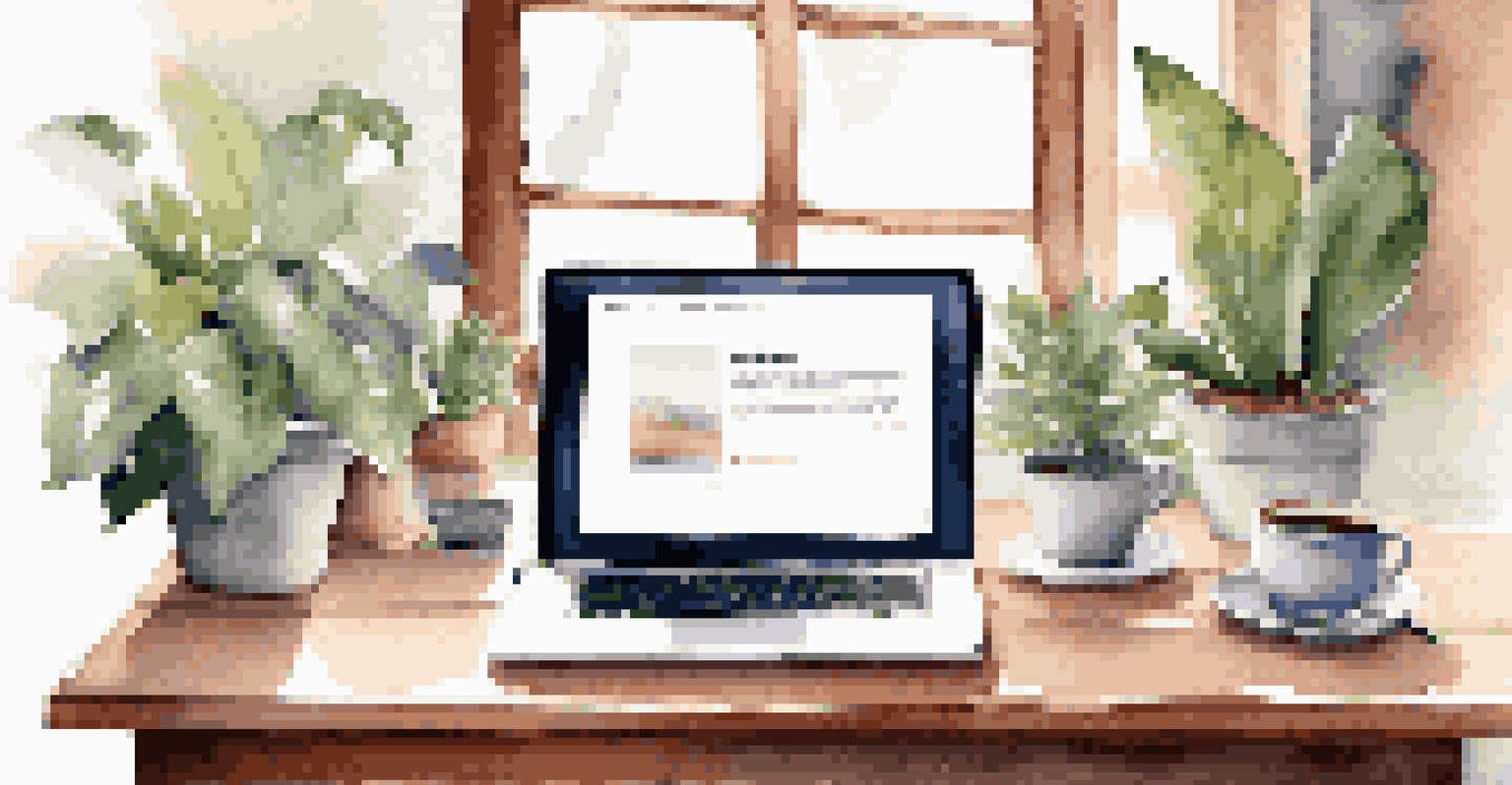 A workspace with an open laptop displaying a social media profile, accompanied by a cup of coffee and plants.