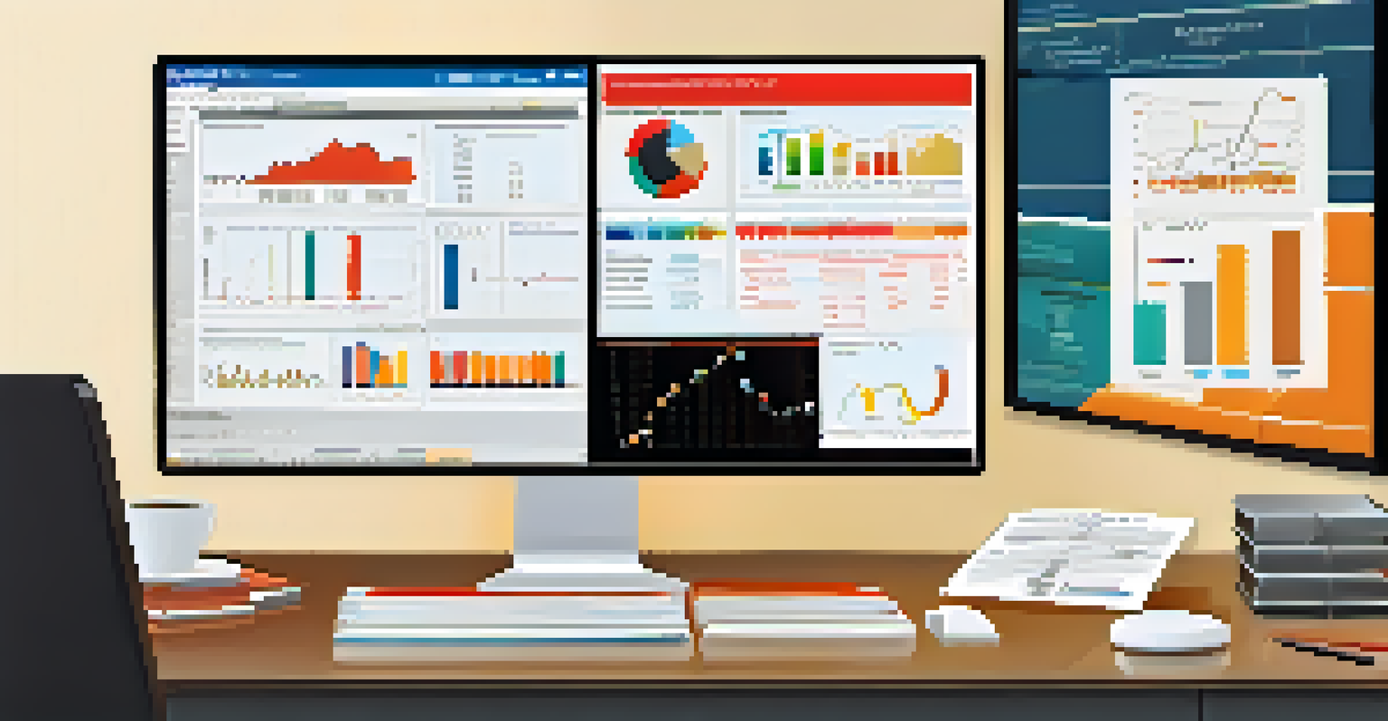 A close-up of a data steward's workspace with a computer screen showing data quality metrics and organized desk items.
