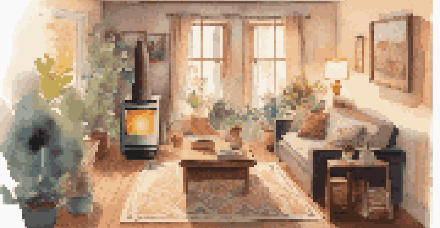 A cozy living room with a person speaking to a smart speaker, decorated with family photos and cultural artifacts, warmly lit.