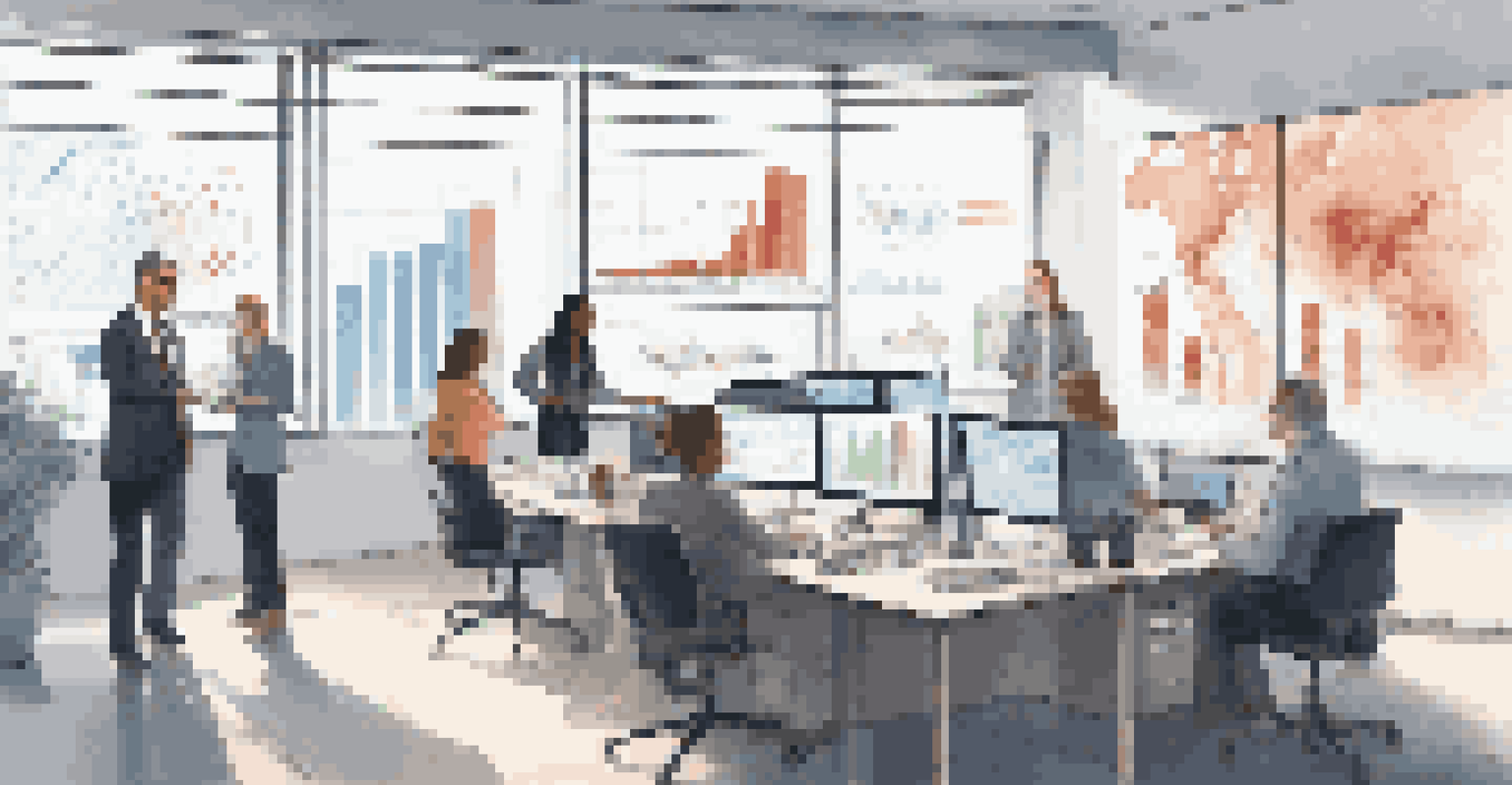 A diverse group of professionals in an office discussing fraud detection statistics on a large screen.