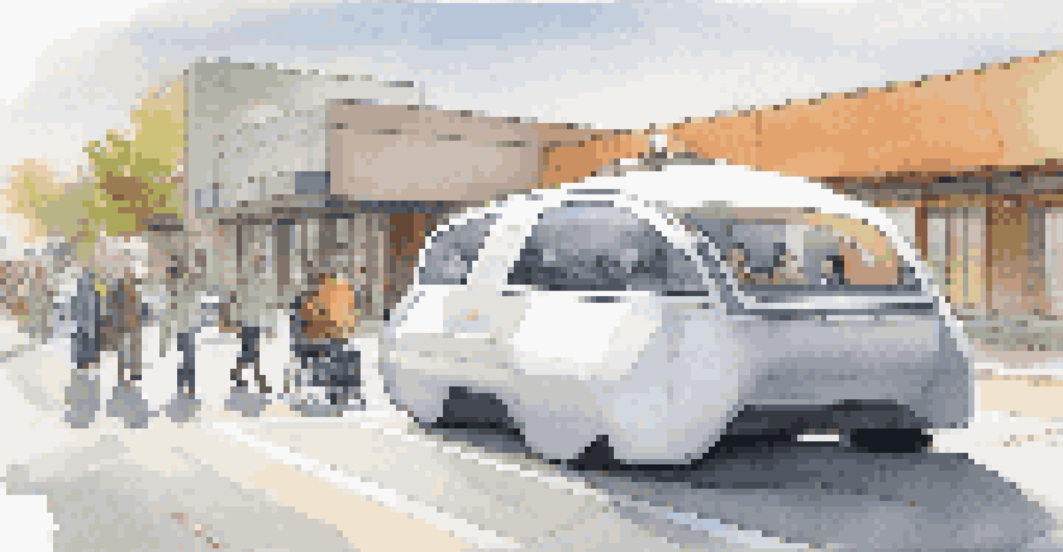 A self-driving vehicle designed for accessibility, parked with a ramp, surrounded by diverse individuals representing a future of inclusive transport.