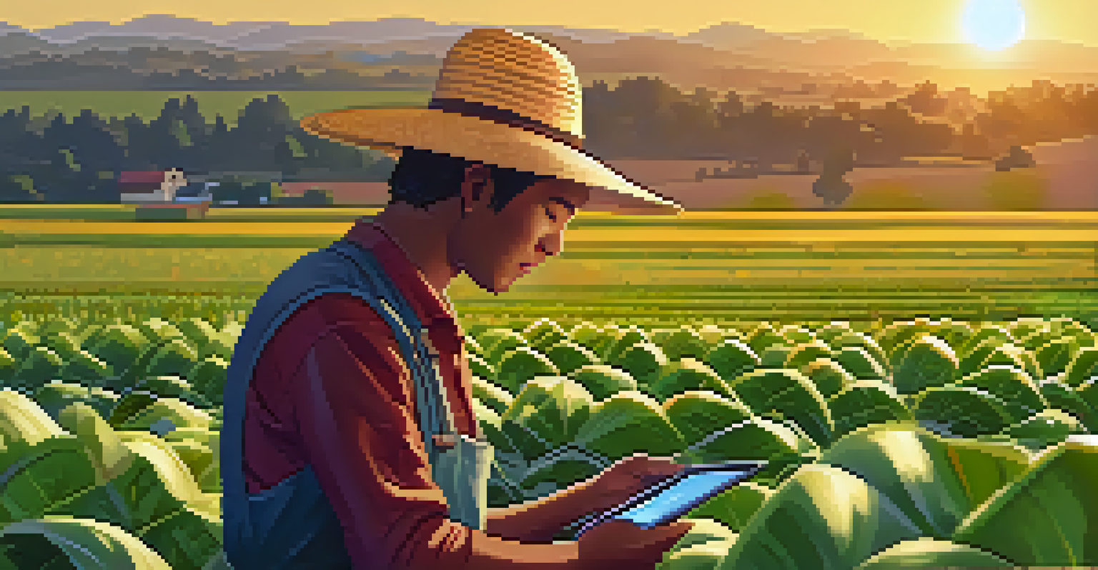 A farmer using a tablet in a field, surrounded by crops, with a sunset in the background.