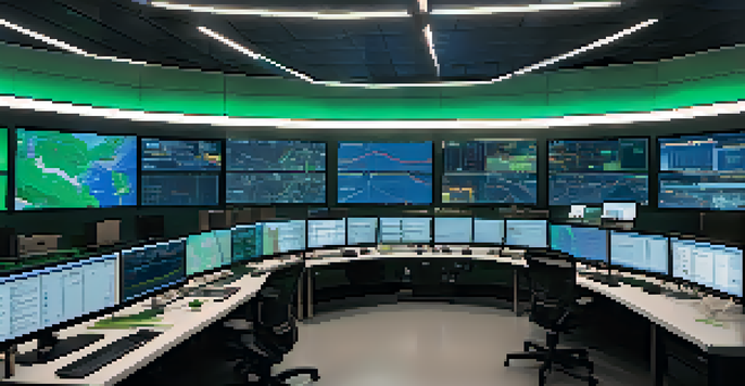 A logistics control room with screens showing data analytics and maps, employees discussing in a high-tech environment.