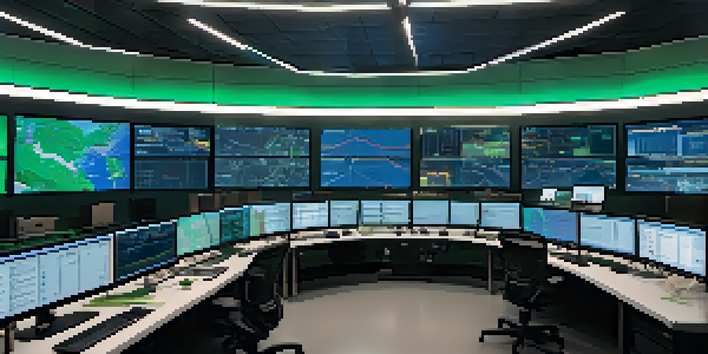 A logistics control room with screens showing data analytics and maps, employees discussing in a high-tech environment.