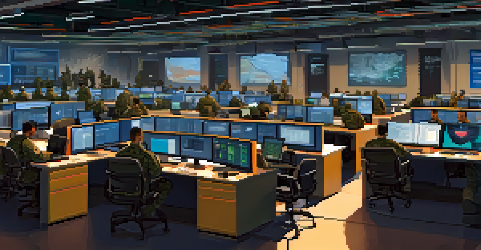 Military personnel and software engineers collaborating at computers, with digital representations of open source projects like Kubernetes around them in a modern office setting.