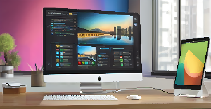 A side-by-side comparison of a mobile device displaying a simple app interface and a desktop computer with a complex layout of multiple tabs and graphs, set in a modern workspace.