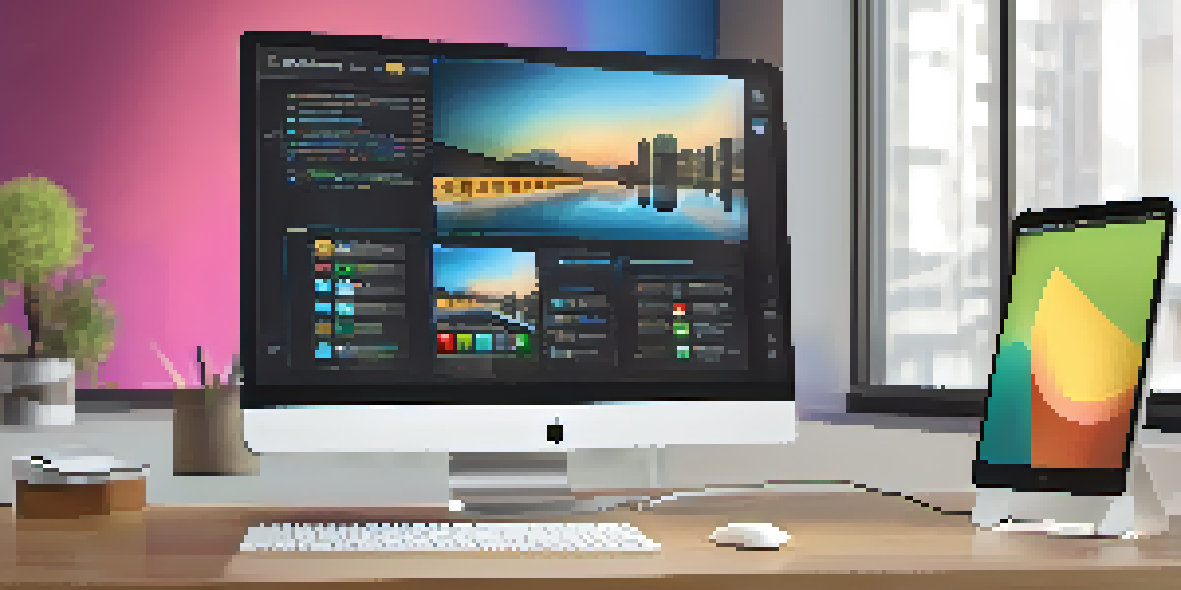 A side-by-side comparison of a mobile device displaying a simple app interface and a desktop computer with a complex layout of multiple tabs and graphs, set in a modern workspace.