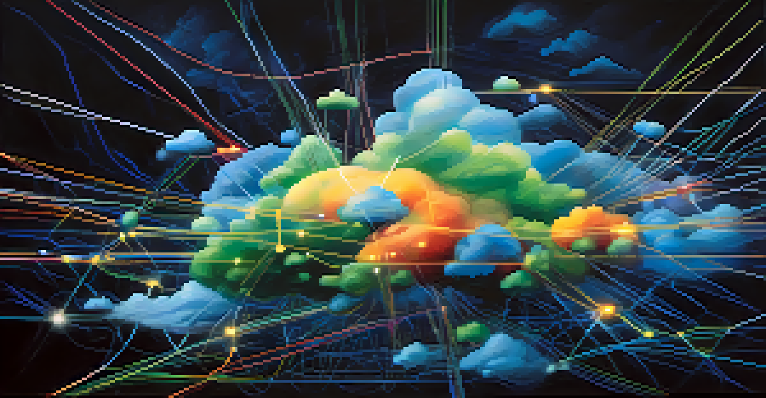 An abstract digital representation of a cloud ecosystem with glowing nodes and lines in blue and green.