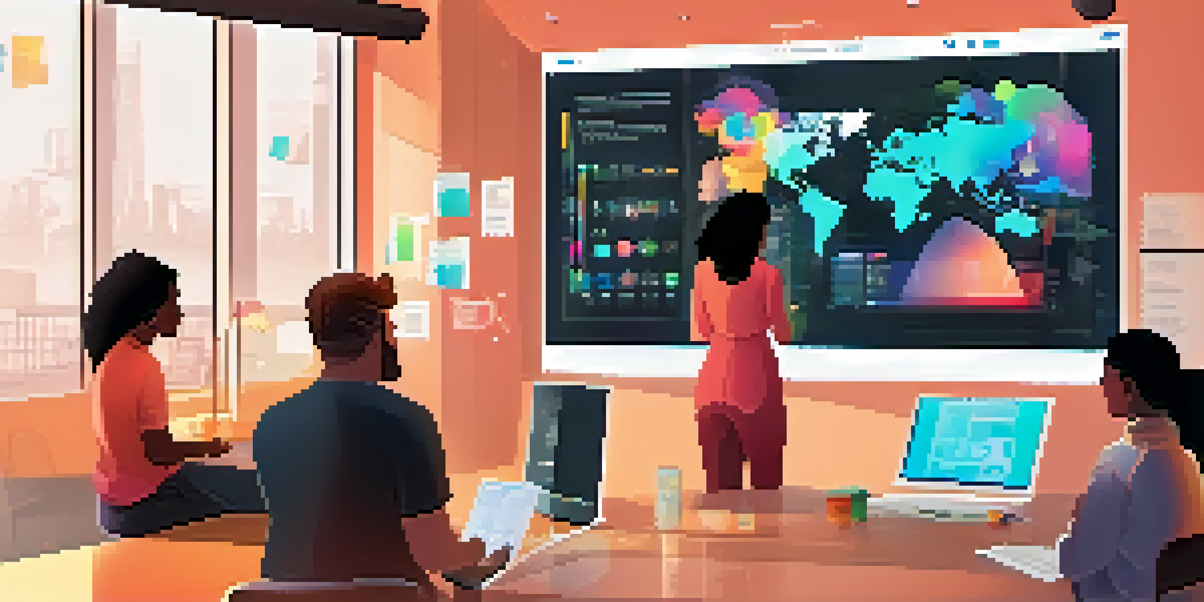 A diverse group of professionals collaborating on a touchscreen display to design an application interface, showcasing teamwork and creativity.