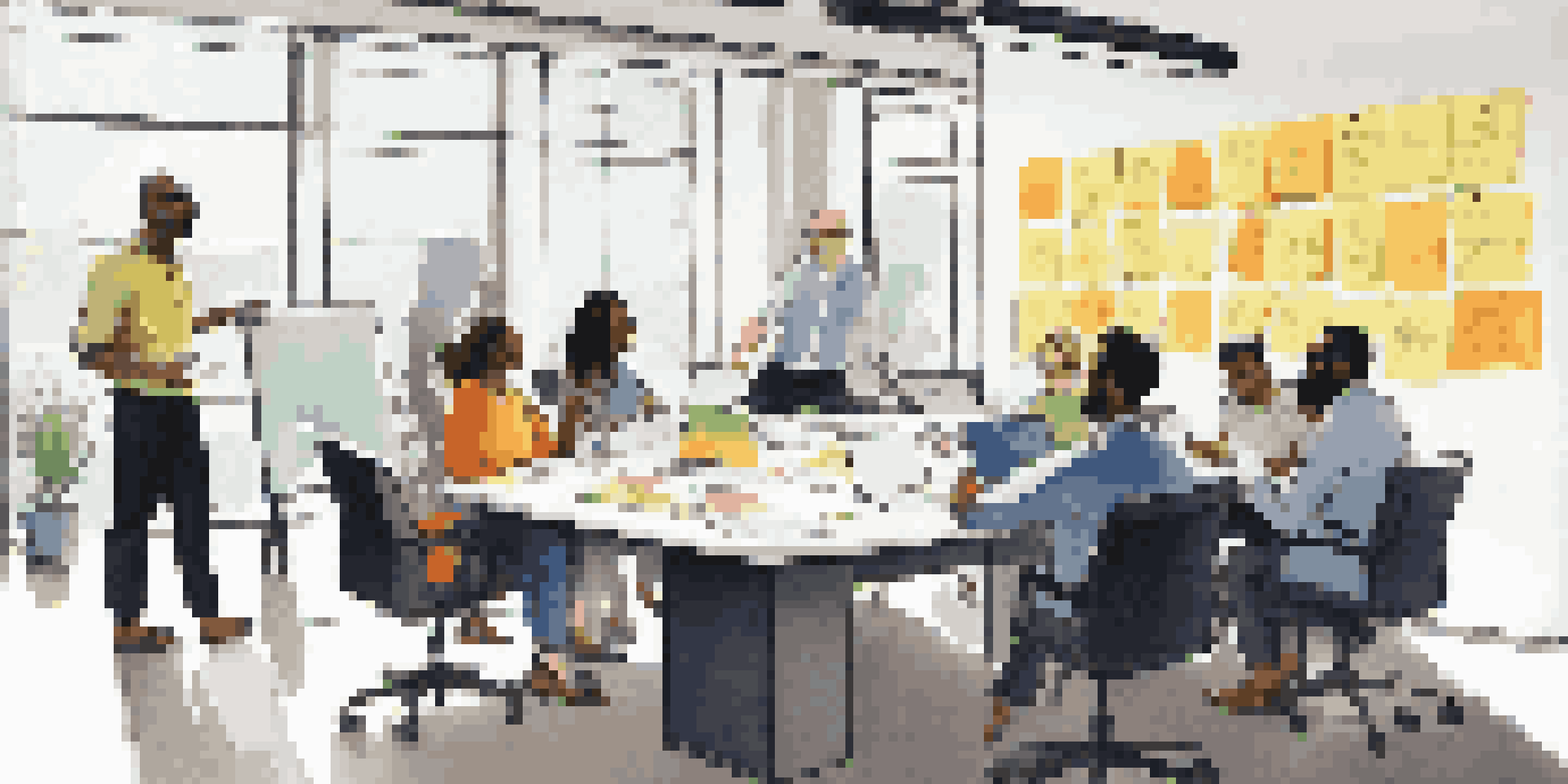 A diverse group of professionals collaboratively brainstorming in a bright conference room with colorful post-it notes and a whiteboard.