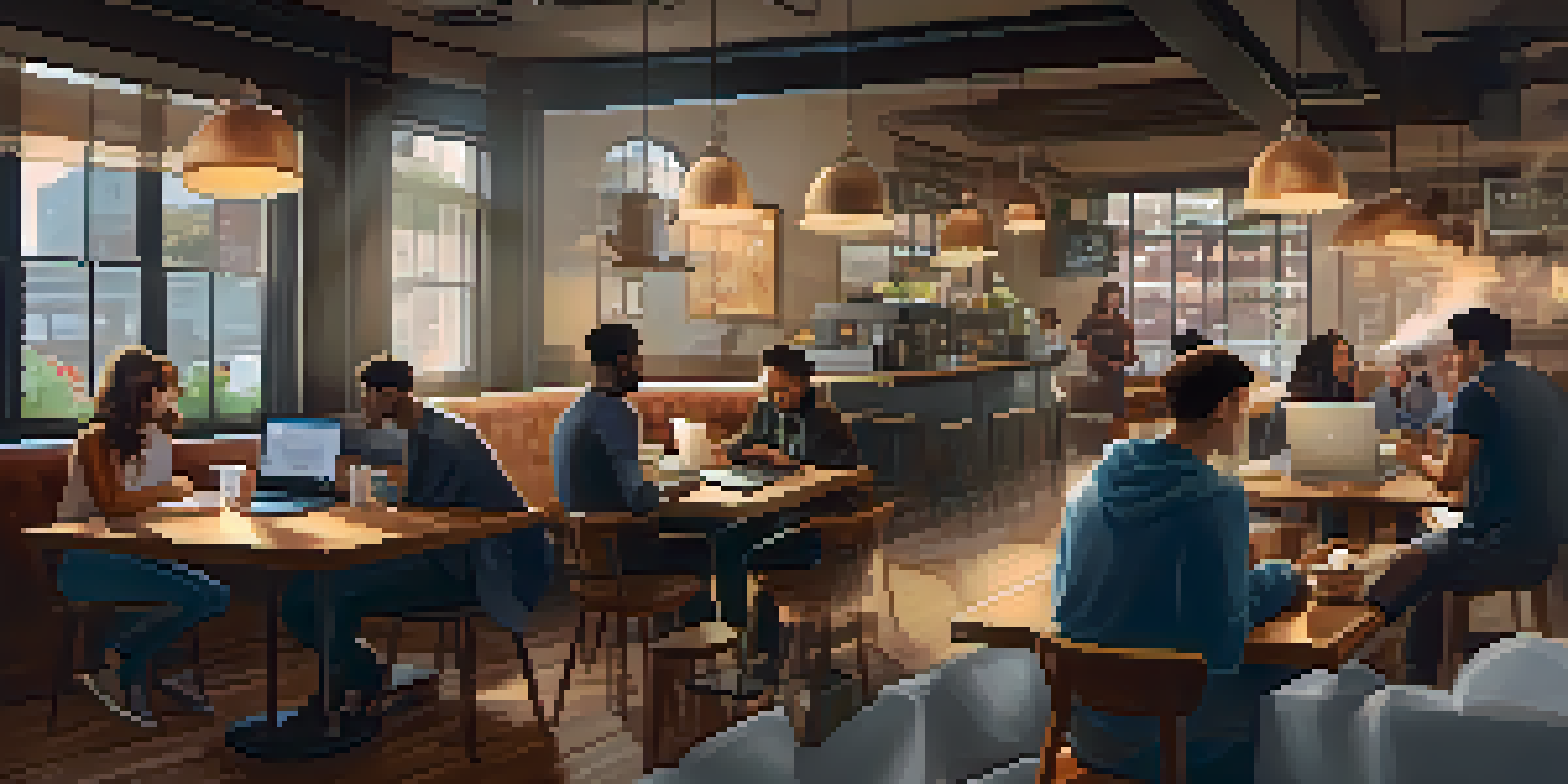A cozy coffee shop with a laptop displaying a cloud storage interface, surrounded by diverse people collaborating and enjoying coffee.