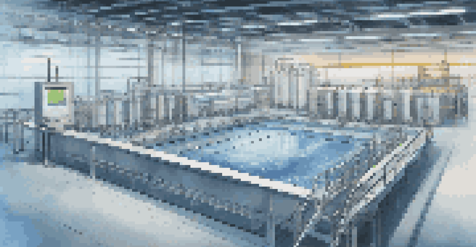 Engineers in a water treatment plant studying a digital twin interface displaying data on a large screen.