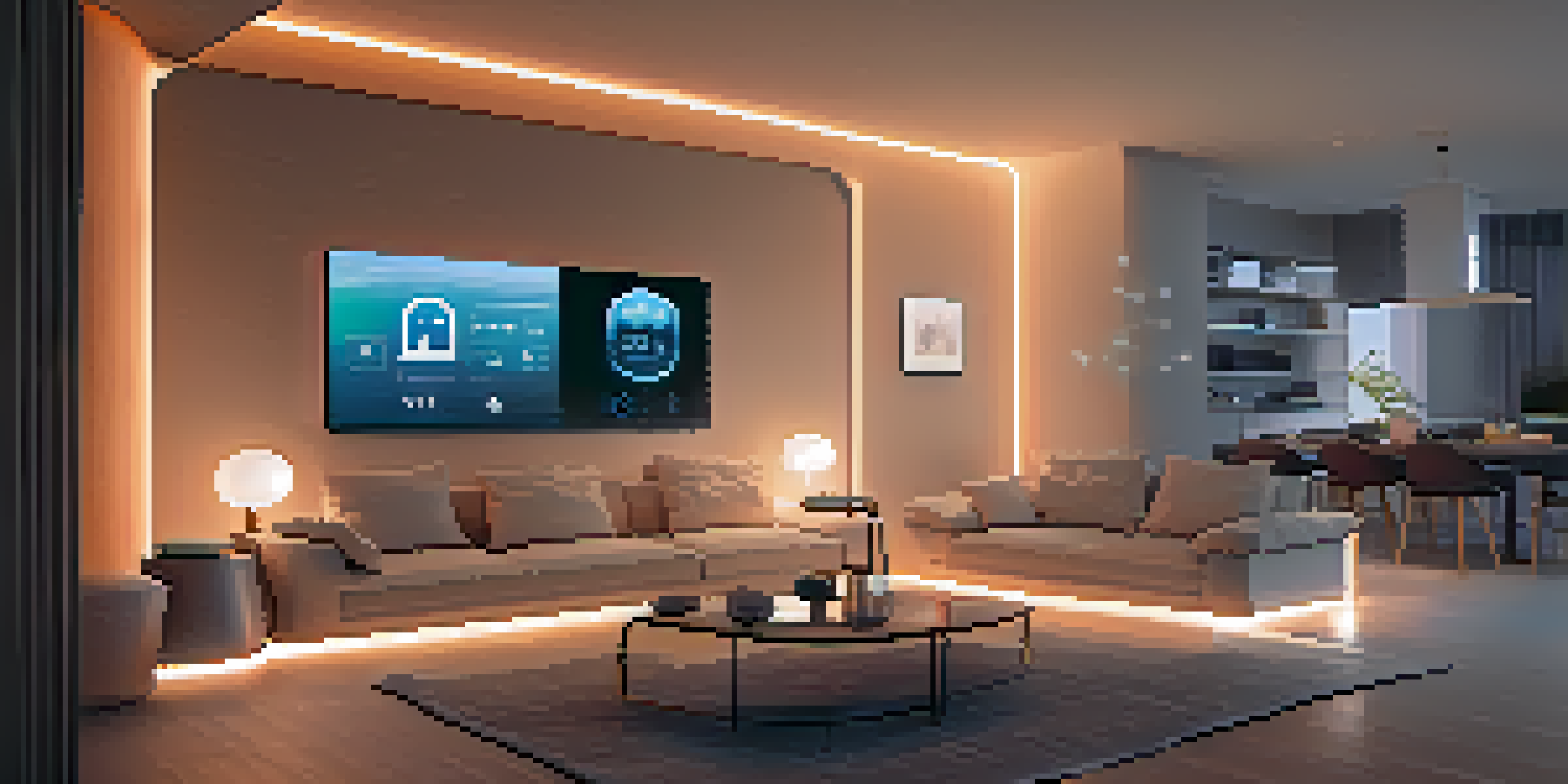 A modern smart home interior with various IoT devices like a thermostat, smart lights, and security system, illuminated by warm ambient light.
