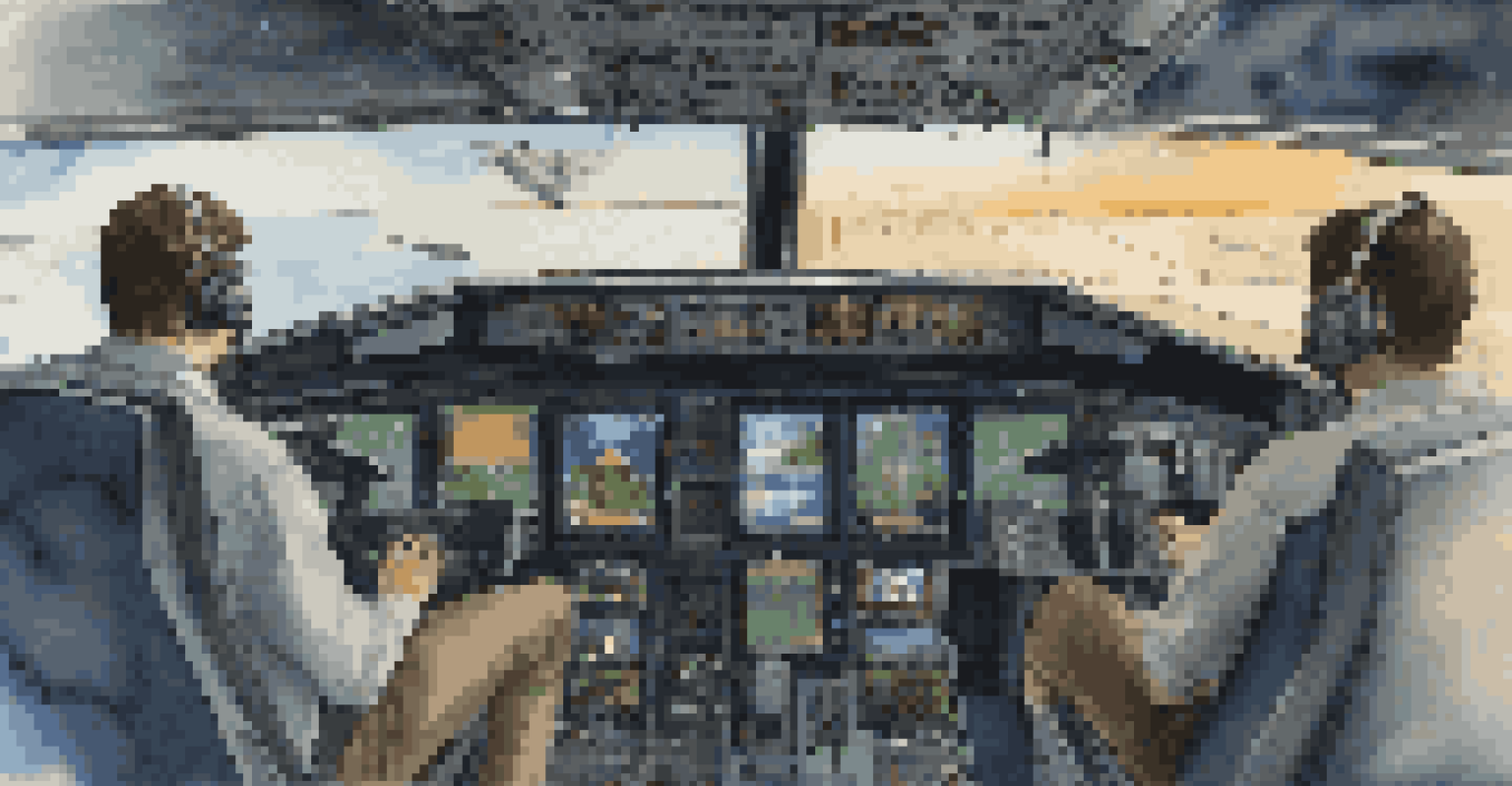 A pilot trainee in a flight simulator cockpit, engaging with realistic controls and screens, immersed in a virtual aviation training experience.