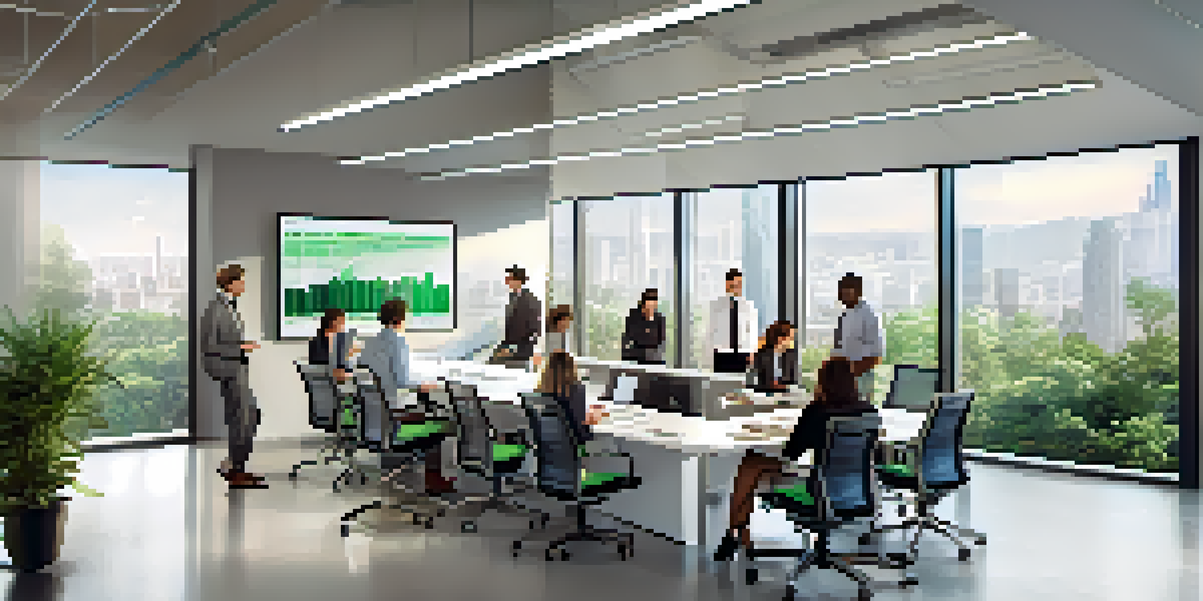 A diverse group of professionals in a modern office discussing data analysis around a conference table, with graphs displayed on a large screen.