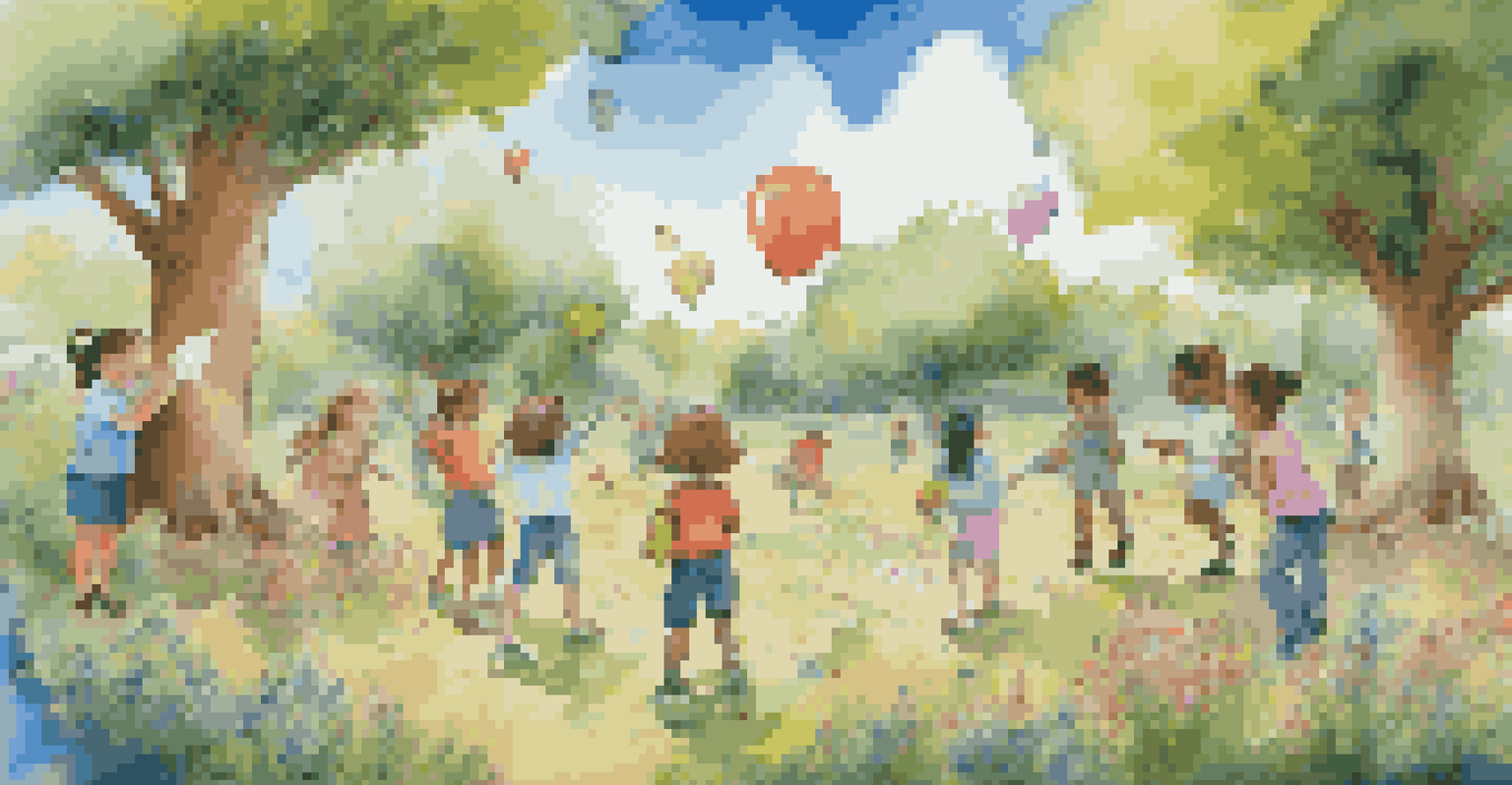Children in a park working together on a virtual treasure map projected in augmented reality, with nature surrounding them.