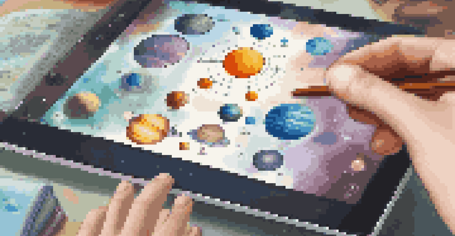 A tablet showing an AR 3D model of the solar system with colorful planets, as a student interacts with it in a study area filled with books.