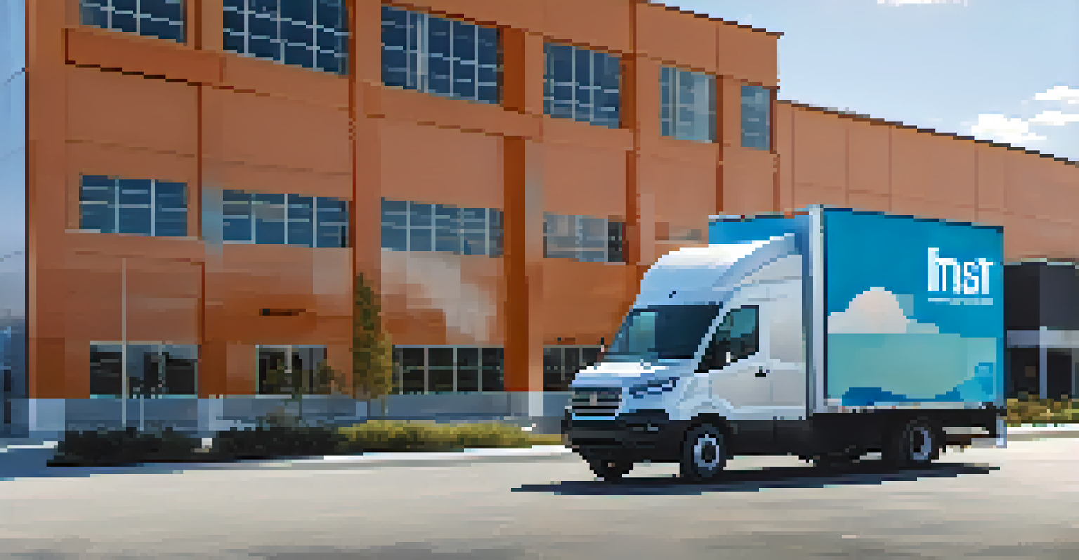 A delivery truck parked outside a modern distribution center equipped with IoT devices, illustrating the integration of transportation and technology in supply chain automation.