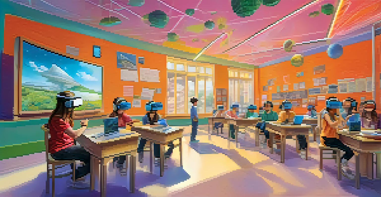 A futuristic classroom where students are using virtual reality headsets to explore historical events in a vibrant digital landscape.