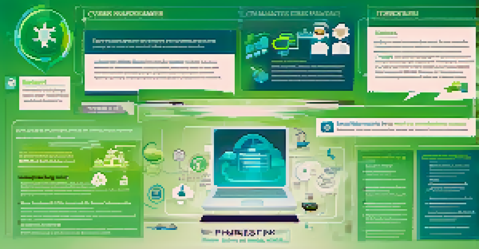 An infographic detailing common cyber threats with icons and explanations, set against a blue and green gradient background.