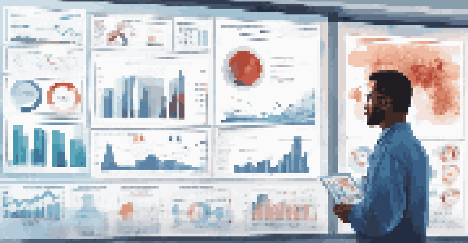 A healthcare marketer analyzing data on a large screen in a bright room, surrounded by healthcare graphs and charts.