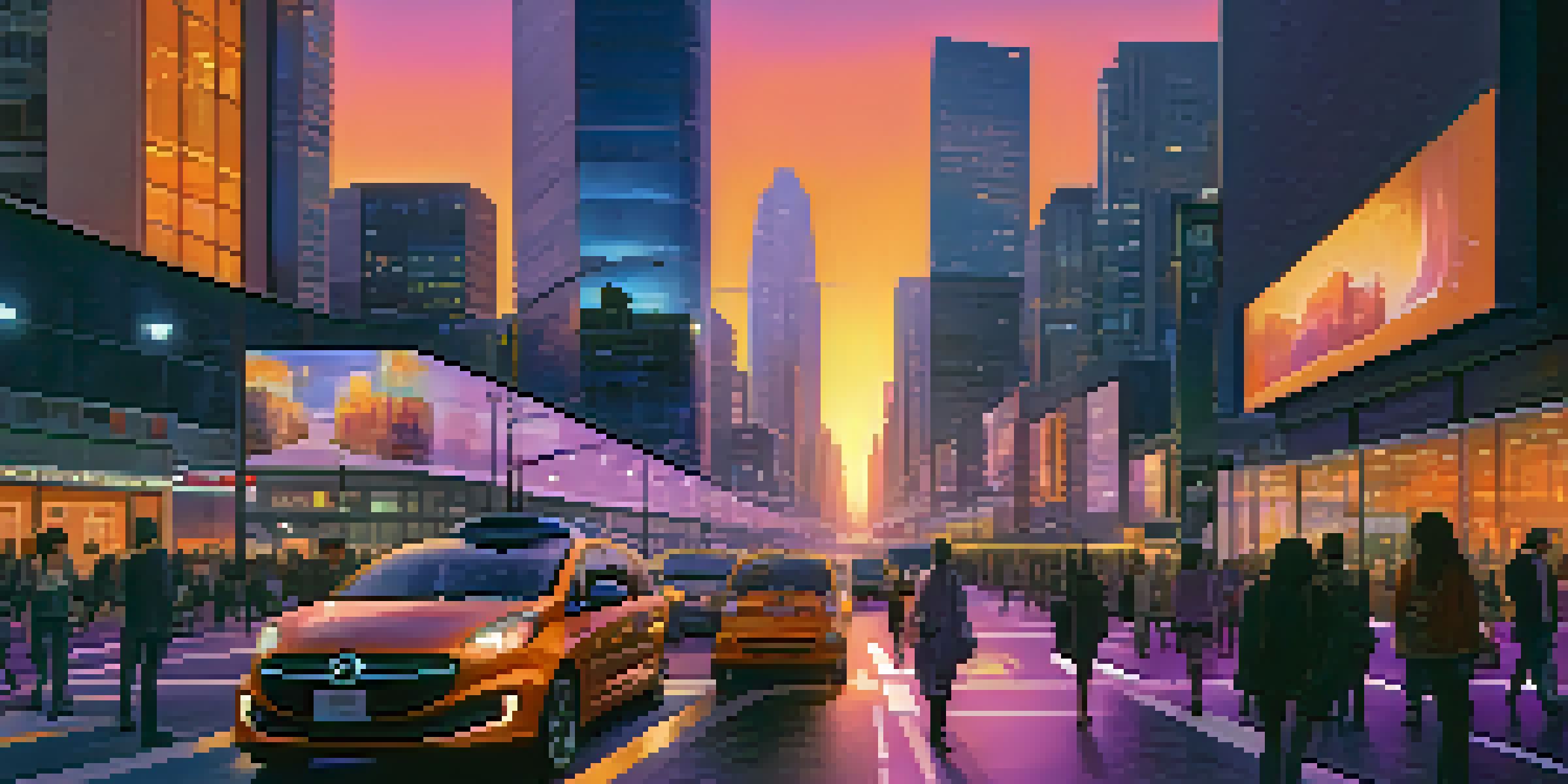 A vibrant smart city at dusk with illuminated streetlights and diverse pedestrians, showcasing modern buildings and digital billboards.