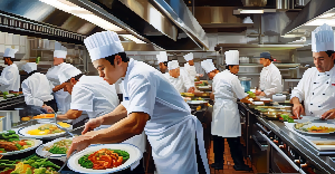 A busy restaurant kitchen with chefs preparing a range of dishes, emphasizing teamwork and diverse cuisines.