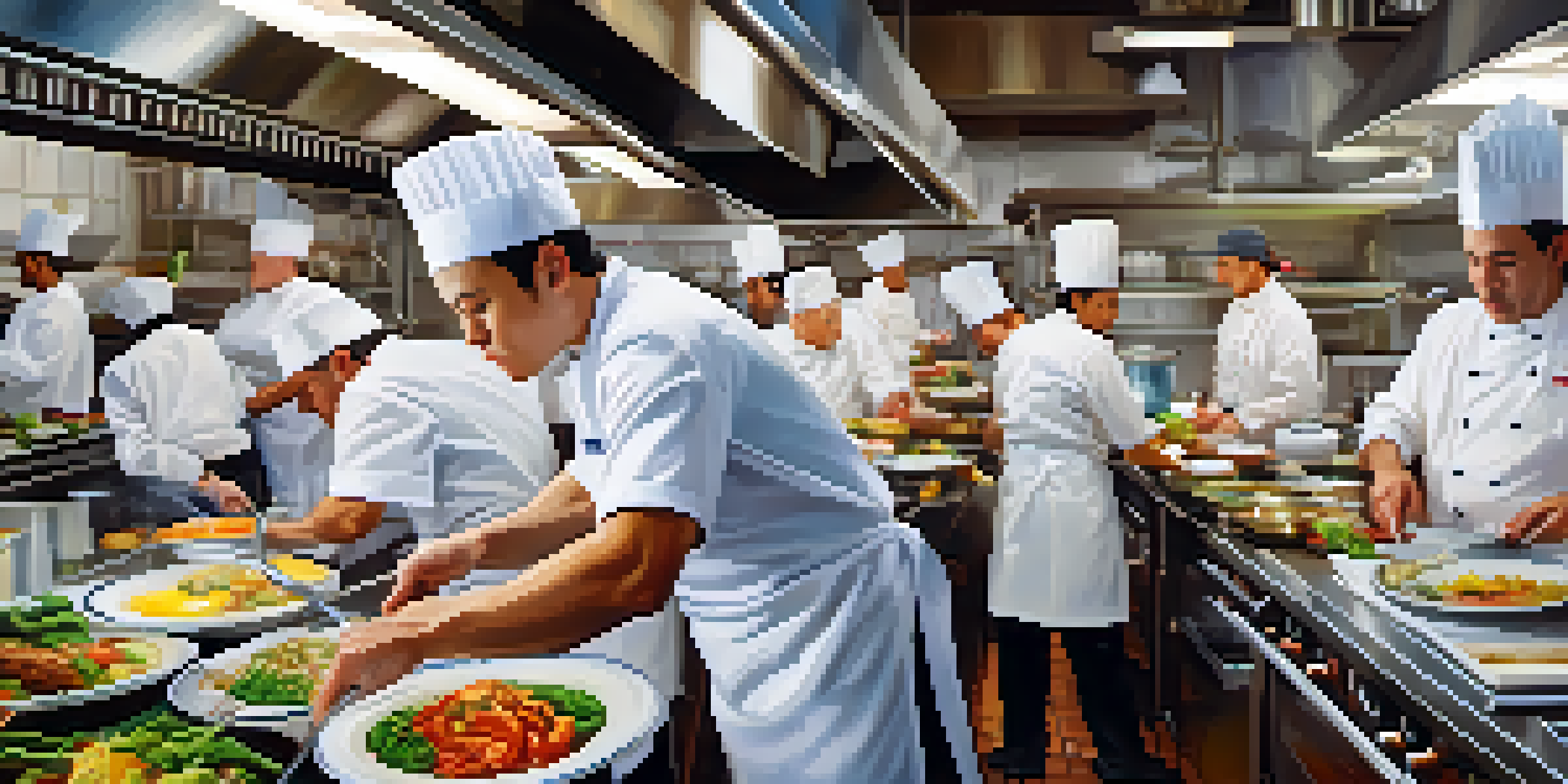 A busy restaurant kitchen with chefs preparing a range of dishes, emphasizing teamwork and diverse cuisines.
