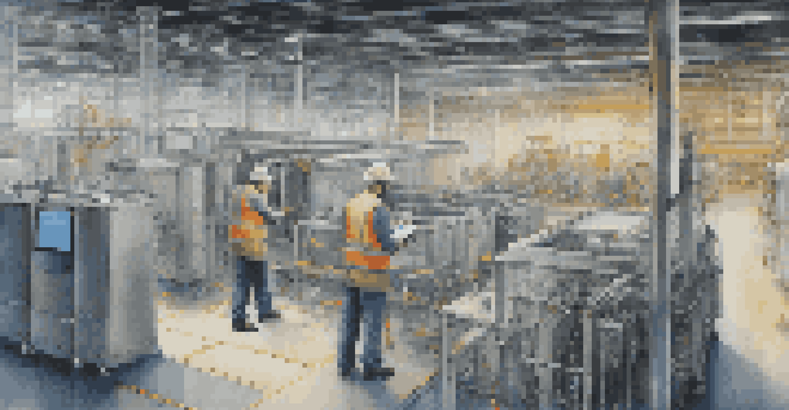 An industrial factory with IoT sensors, featuring a worker using a tablet to monitor machinery operations.