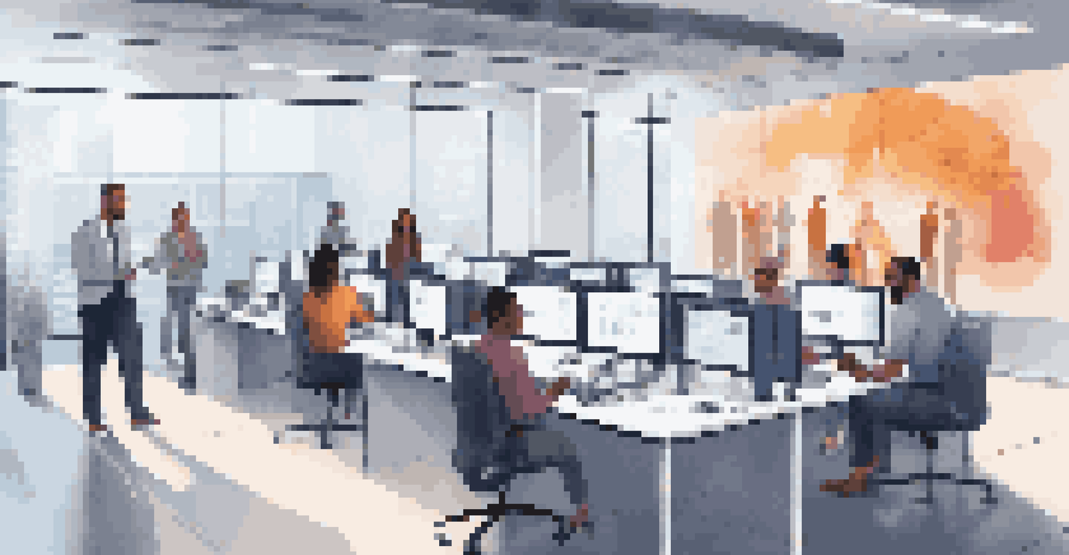 A group of diverse customer support agents collaborating in a modern office environment with digital devices and screens.