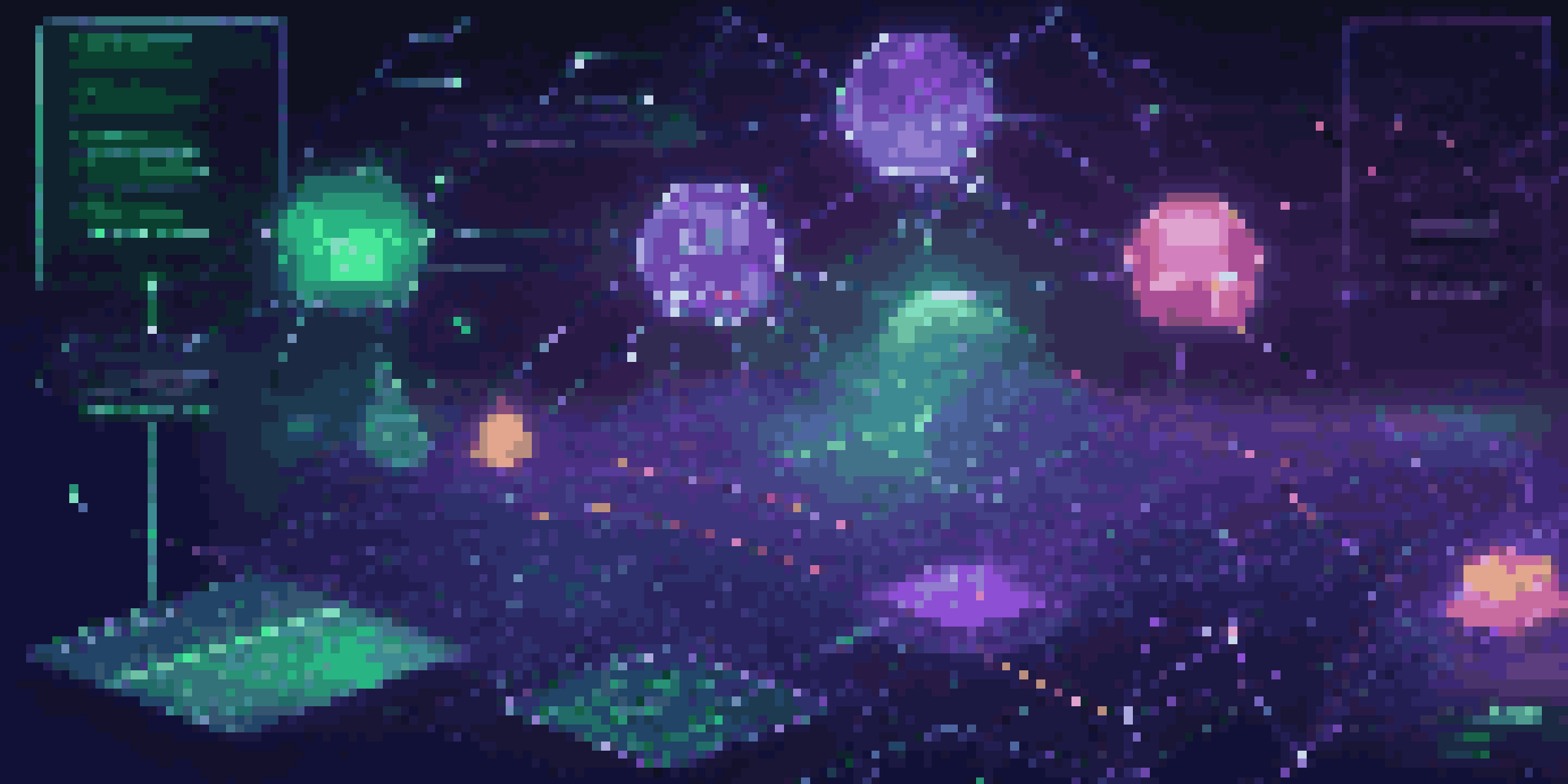 A digital landscape with glowing interconnected nodes representing smart contracts on a dark blue background, featuring neon colors and a holographic display of a smart contract.