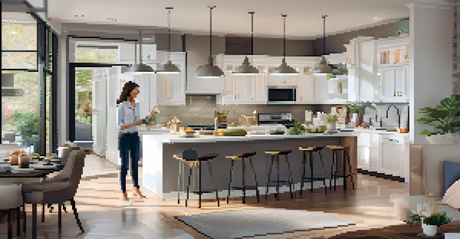 A real estate agent demonstrating augmented reality tools in a modern kitchen to interested buyers.