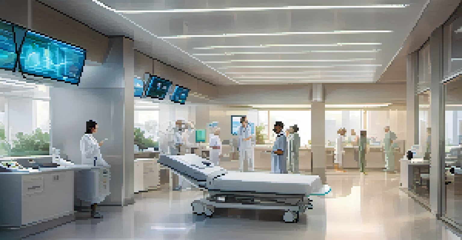 A modern healthcare facility where doctors use wearable devices to monitor patient health, showcasing a bright and technology-rich environment.