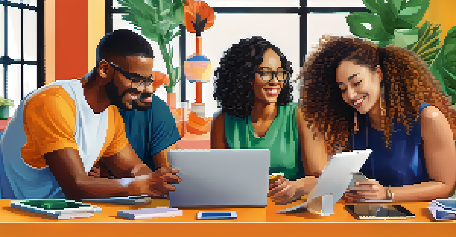 A diverse group of individuals collaborating at a table with smartphones, tablets, and laptops.