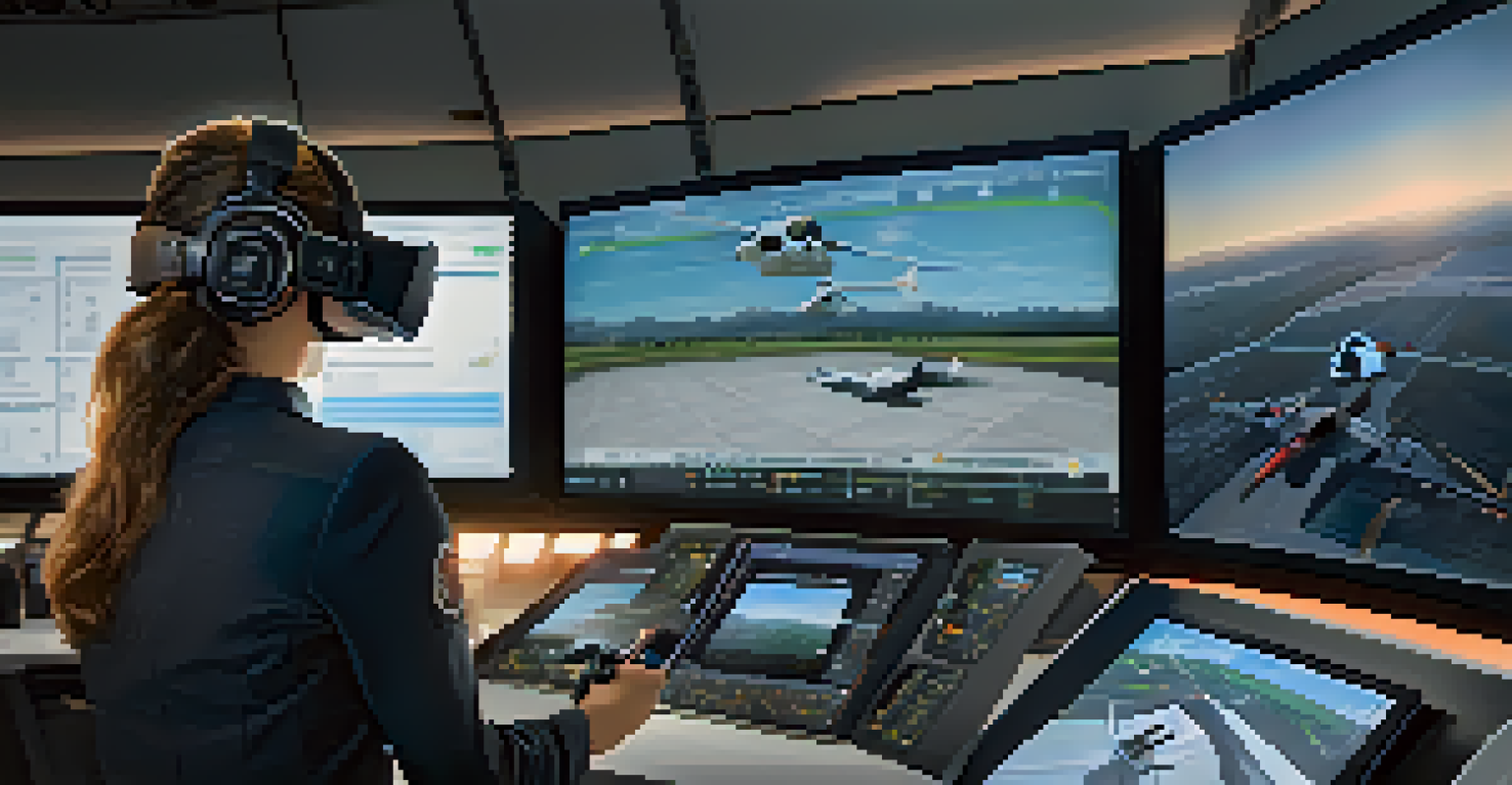 An aviation instructor monitoring a trainee in a virtual reality training environment, with performance screens and flight conditions visible.