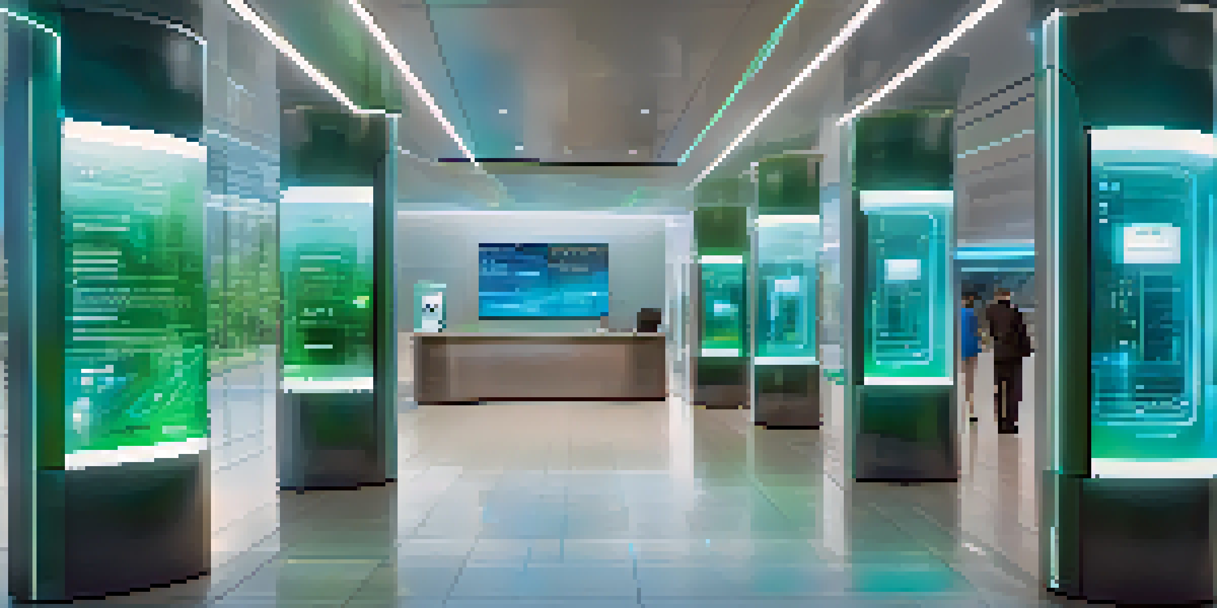 A futuristic bank interior with advanced technology, holographic displays, and customers interacting with virtual assistants.