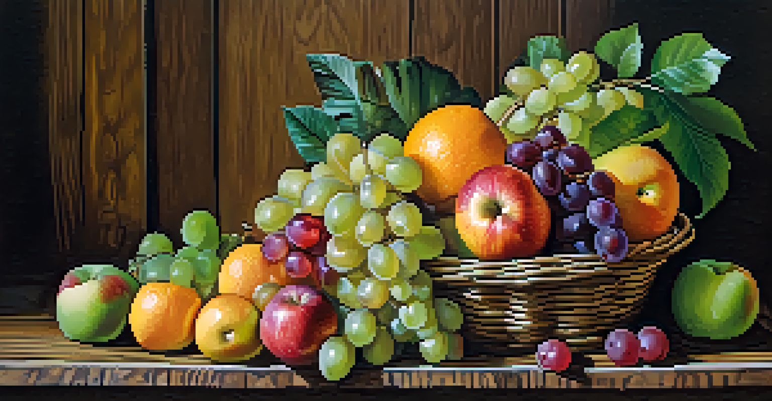 A colorful assortment of fresh fruits in a basket, including apples, bananas, oranges, and grapes, on a wooden table.
