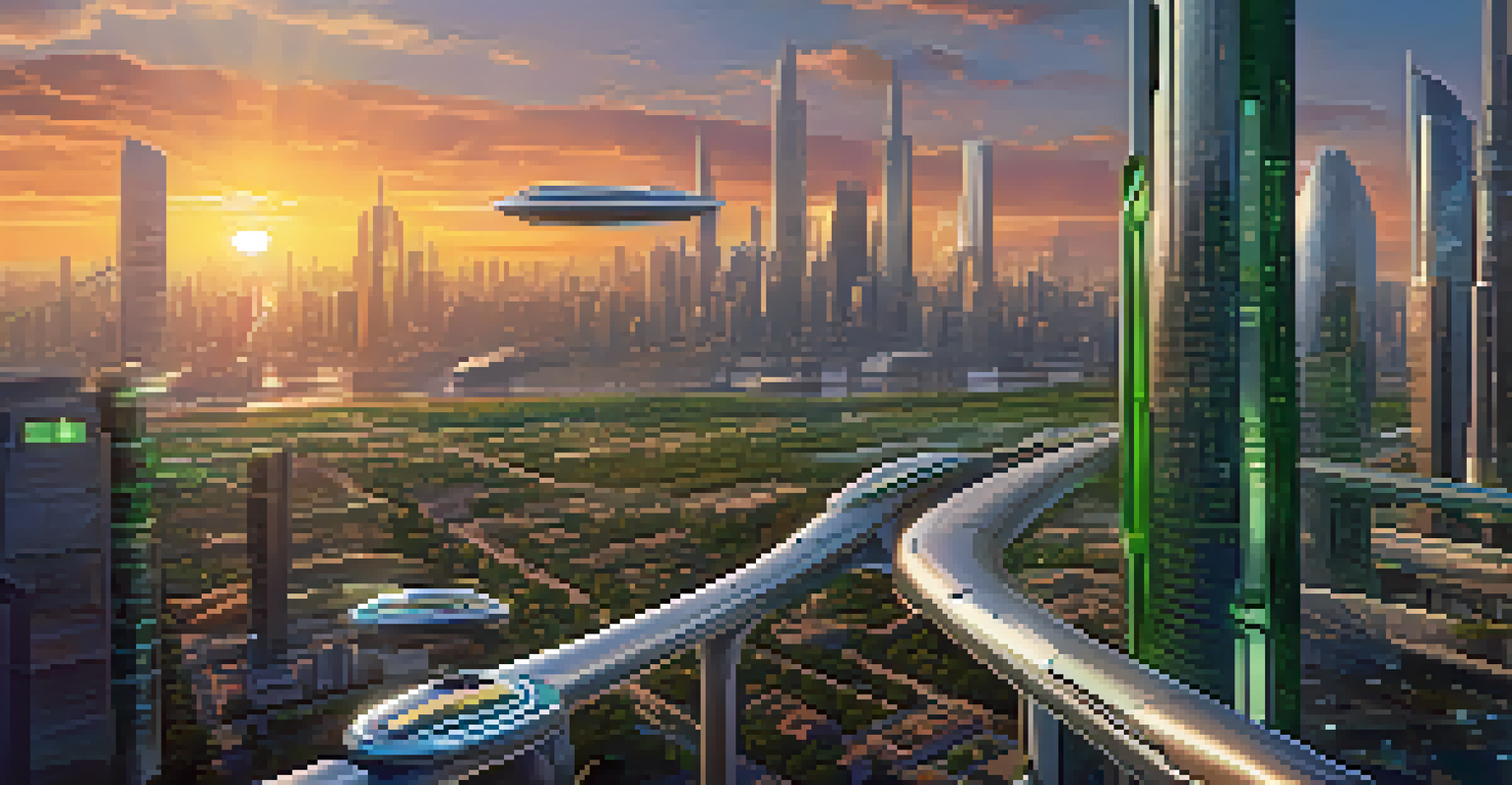 A futuristic city skyline at sunset with advanced transportation systems and digital screens on skyscrapers.