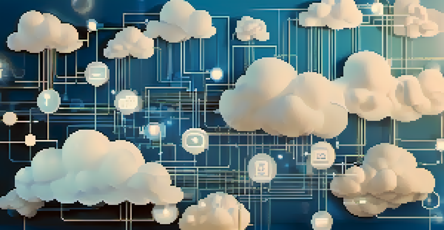 An abstract image of cloud computing with interconnected clouds and digital icons, set against a gradient blue and white background.