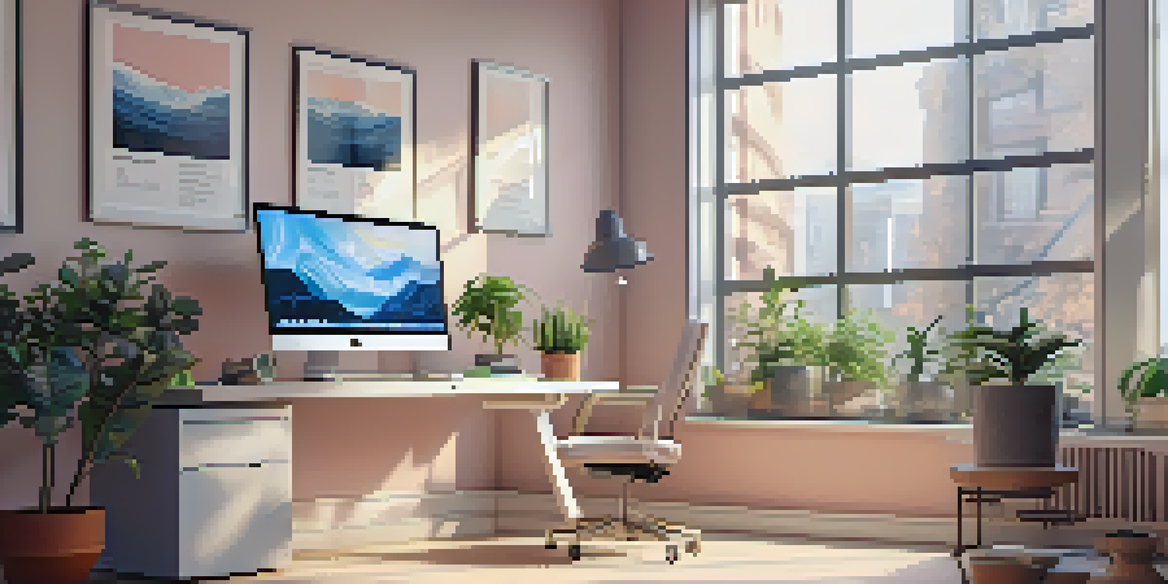 A modern office workspace with dual monitors, a plant, and a coffee mug, illuminated by soft natural light.